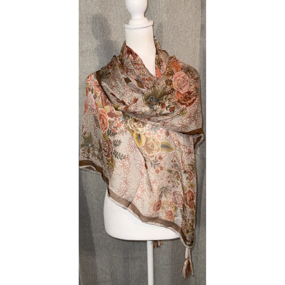 Johnny Was Scarf 100% Silk Floral 42x42" Square Tassels Brown/pink/green Luxury